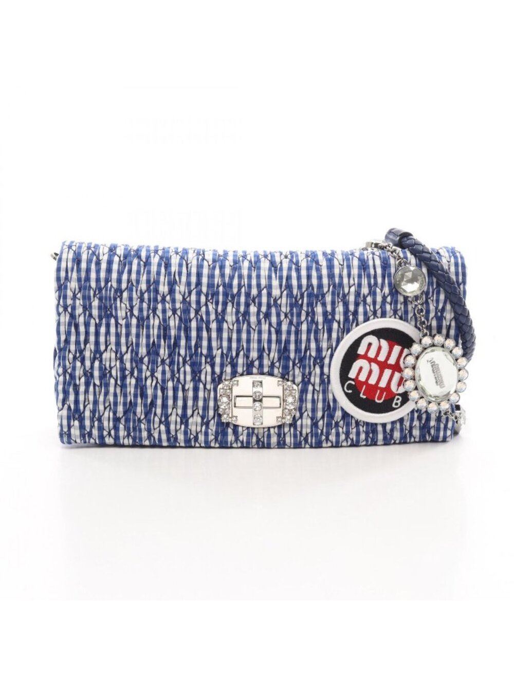 Miu Miu Shoulder Bag Matelasse Blue White Black Red Cotton Leather Bijou Chain